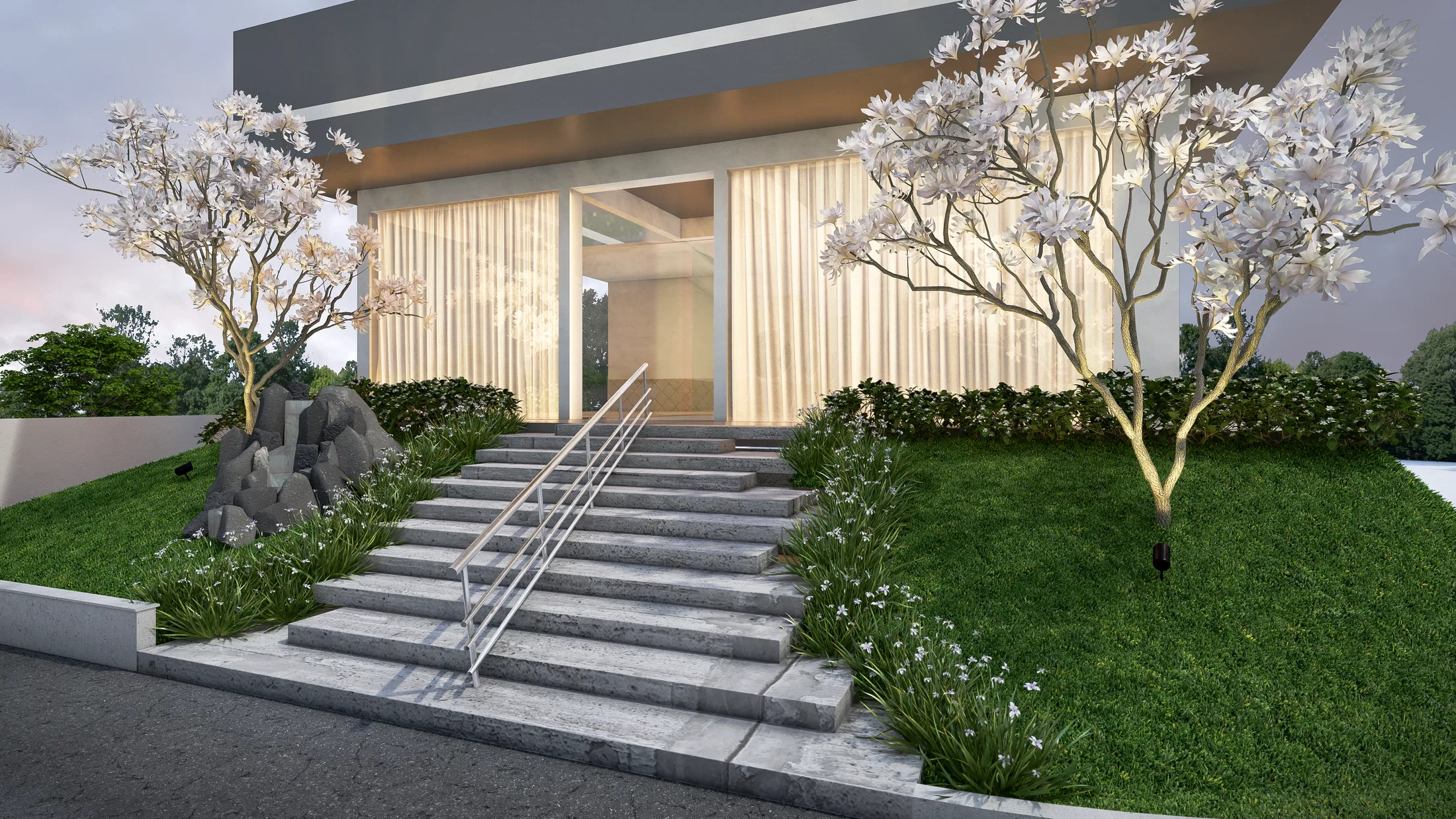 A pale stone staircase with a central metal handrail rises to the lit entrance, between grassy banks and pale-blossom trees