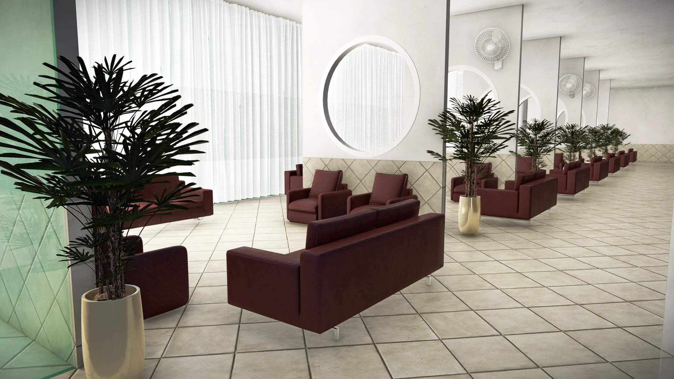 Indoor waiting hall with wine-colored leather armchairs, potted palms and a round window veiled by light curtains
