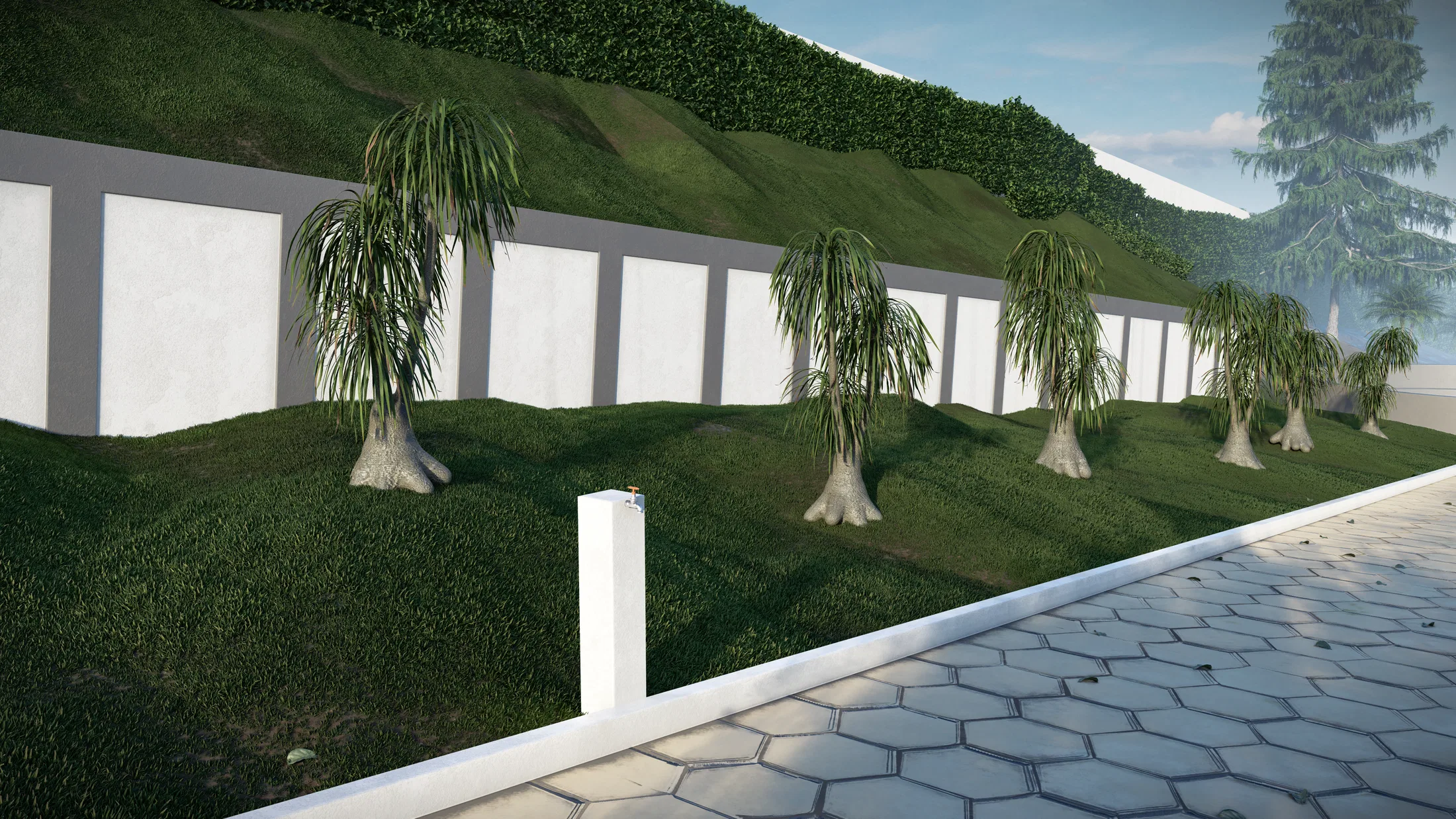 Grassy bank with ponytail palms aligned along a white paneled wall, beside a hexagonal paver walkway