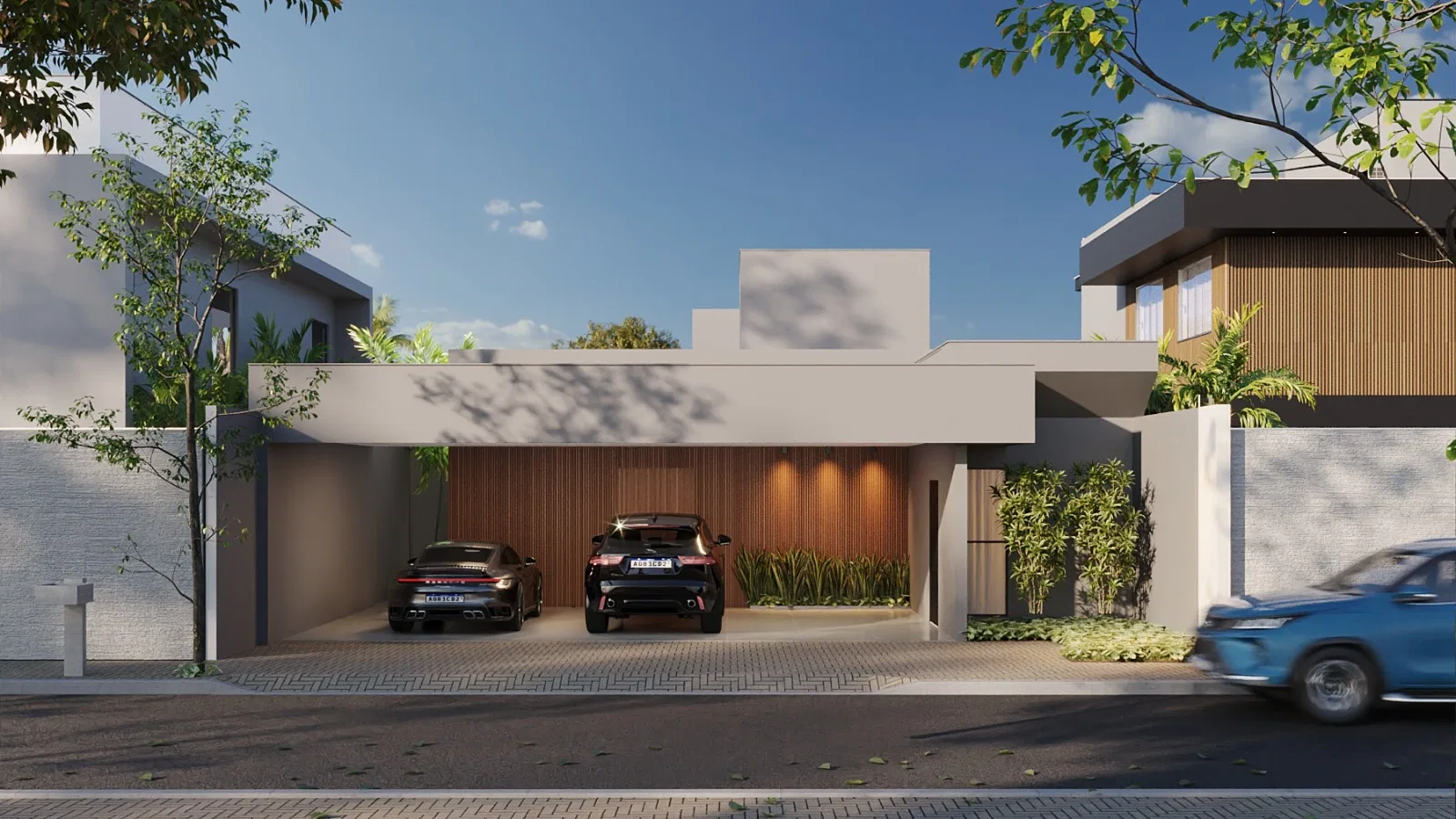 Modern facade seen from the street, with a two-car garage backed by slatted wood and a second wood-clad volume rising above