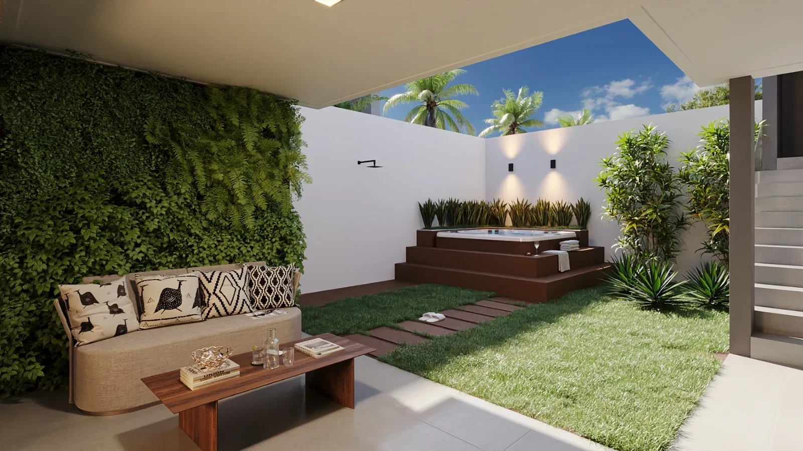 Covered terrace with a jacuzzi on a wood deck, a vertical garden, a cushioned bench with patterned pillows and a strip of lawn under open sky