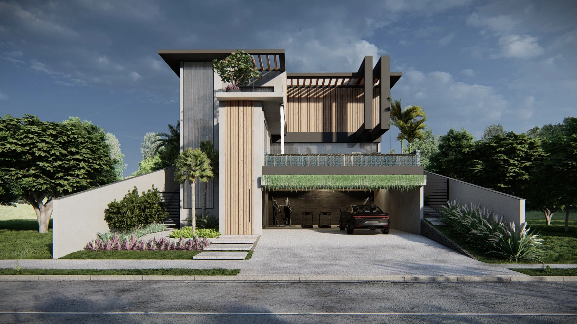 Street façade of a two-storey residence clad in vertical timber slats, with concrete volumes and a curtain of climbing plants over the garage.