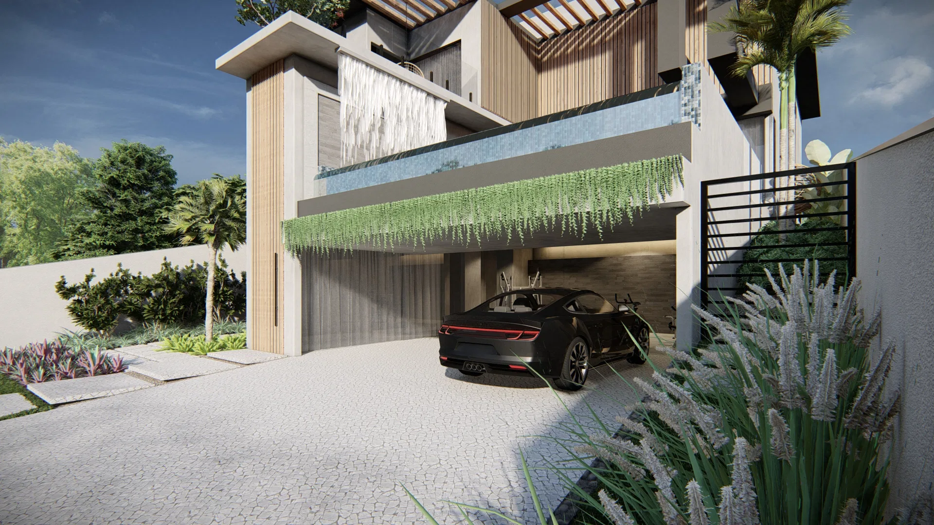 Drive to the covered garage with a sports car, a curtain of climbing plants over the opening, a metal gate and a lavender bed.