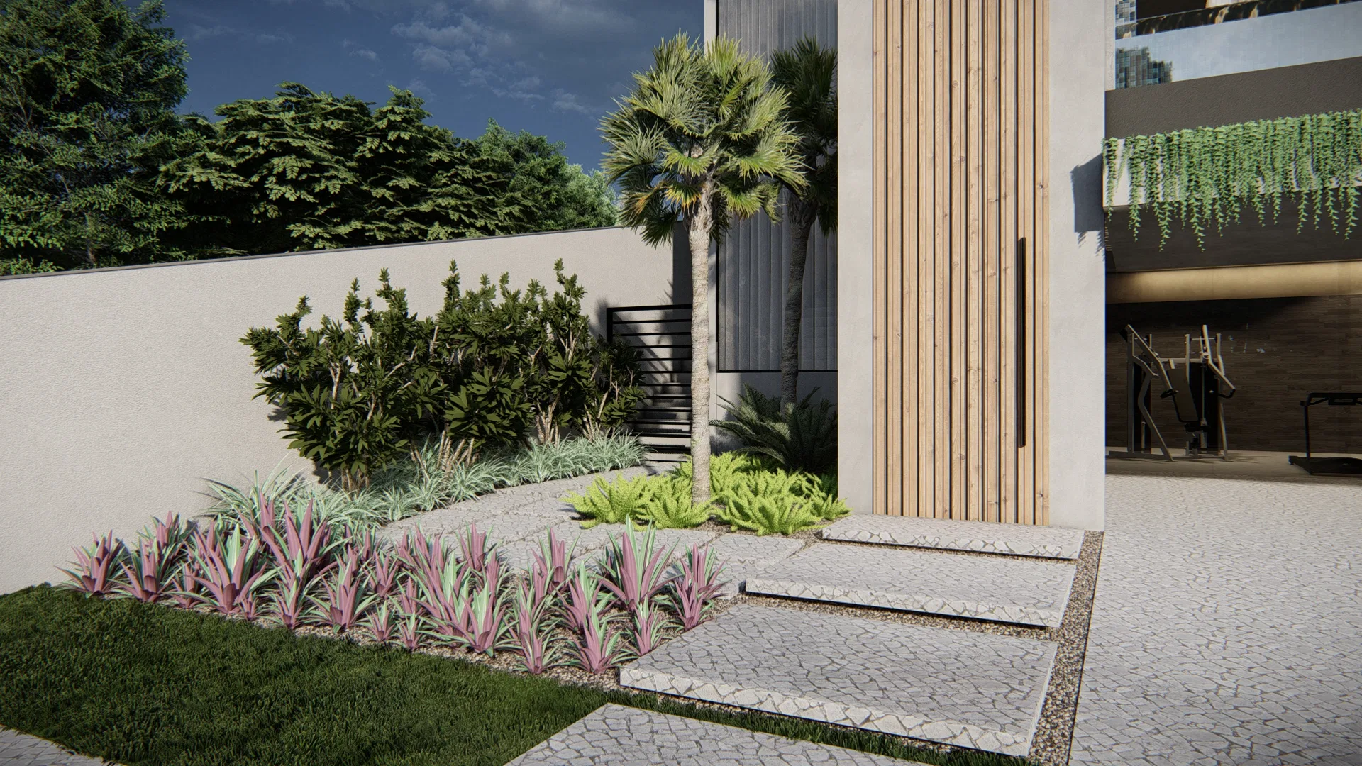 Pedestrian entrance with stone slabs over gravel, a timber-slat panel, a palm and layered beds of pink-toned foliage.