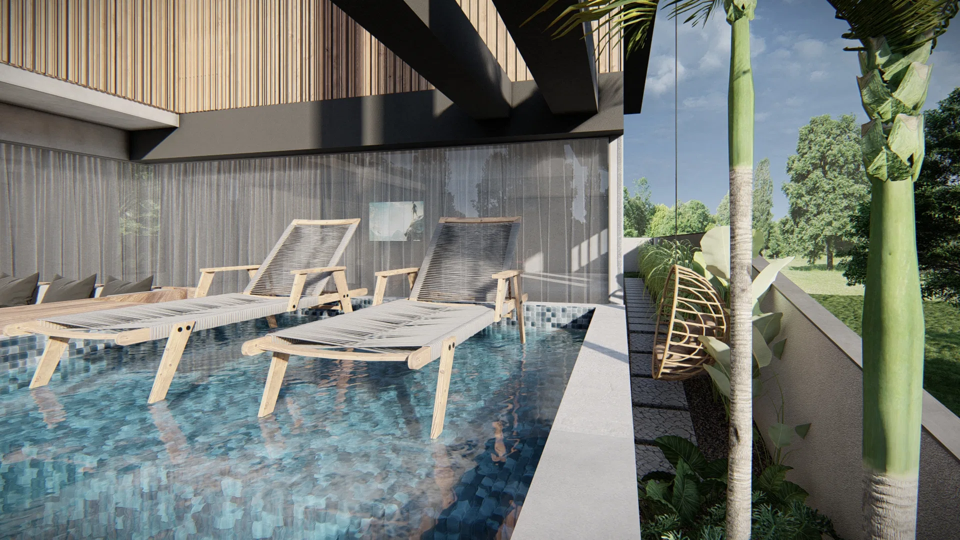 Timber loungers resting on the shallow pool ledge, under a slatted soffit, with a hanging chair and palms beside the lawn beyond.
