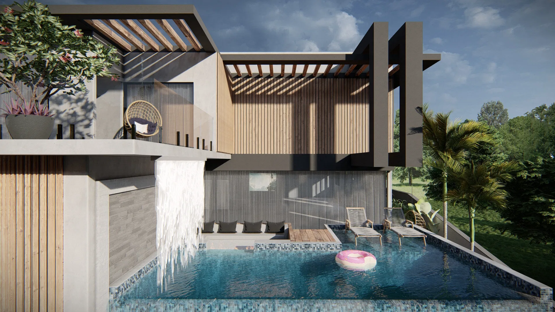 Pool area with a water feature falling from the upper floor, a timber pergola, a hanging chair and loungers at the edge of the blue water.