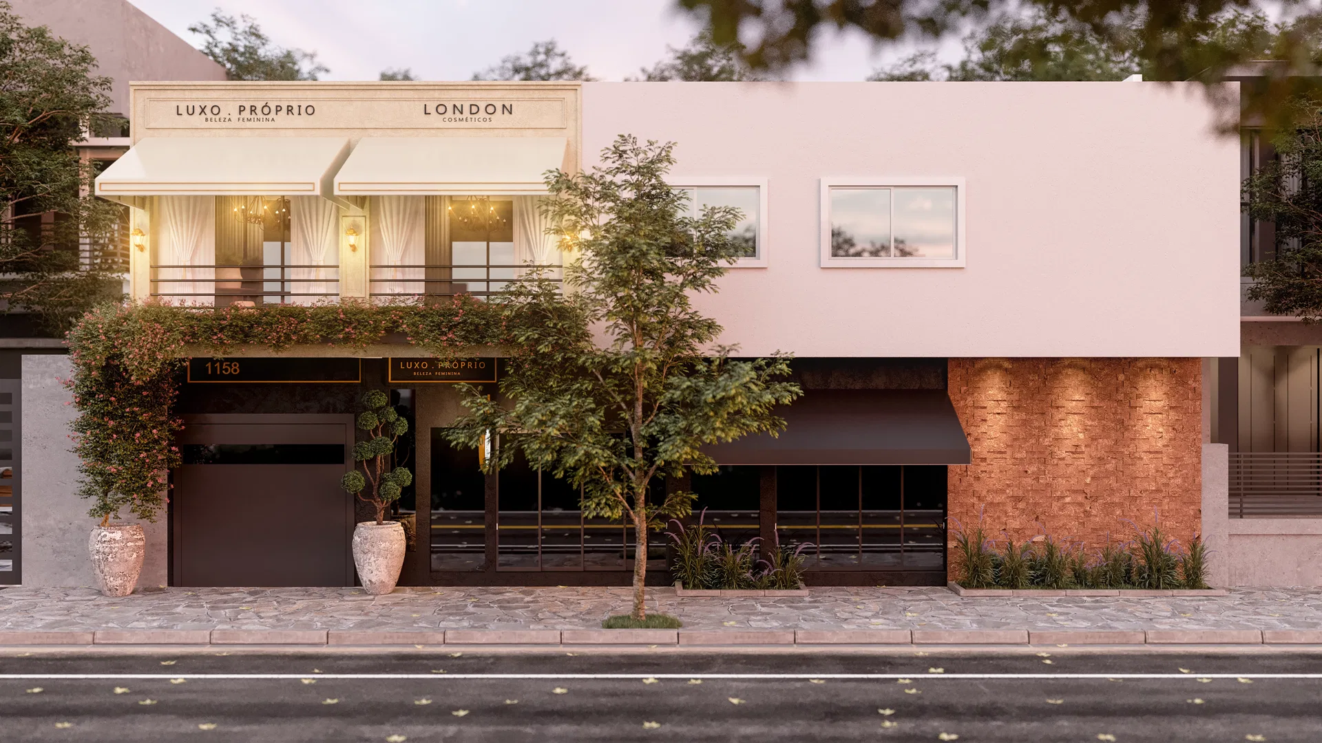 Two-story commercial building facade at dusk, with the lit Luxo Próprio salon and London store under a striped awning