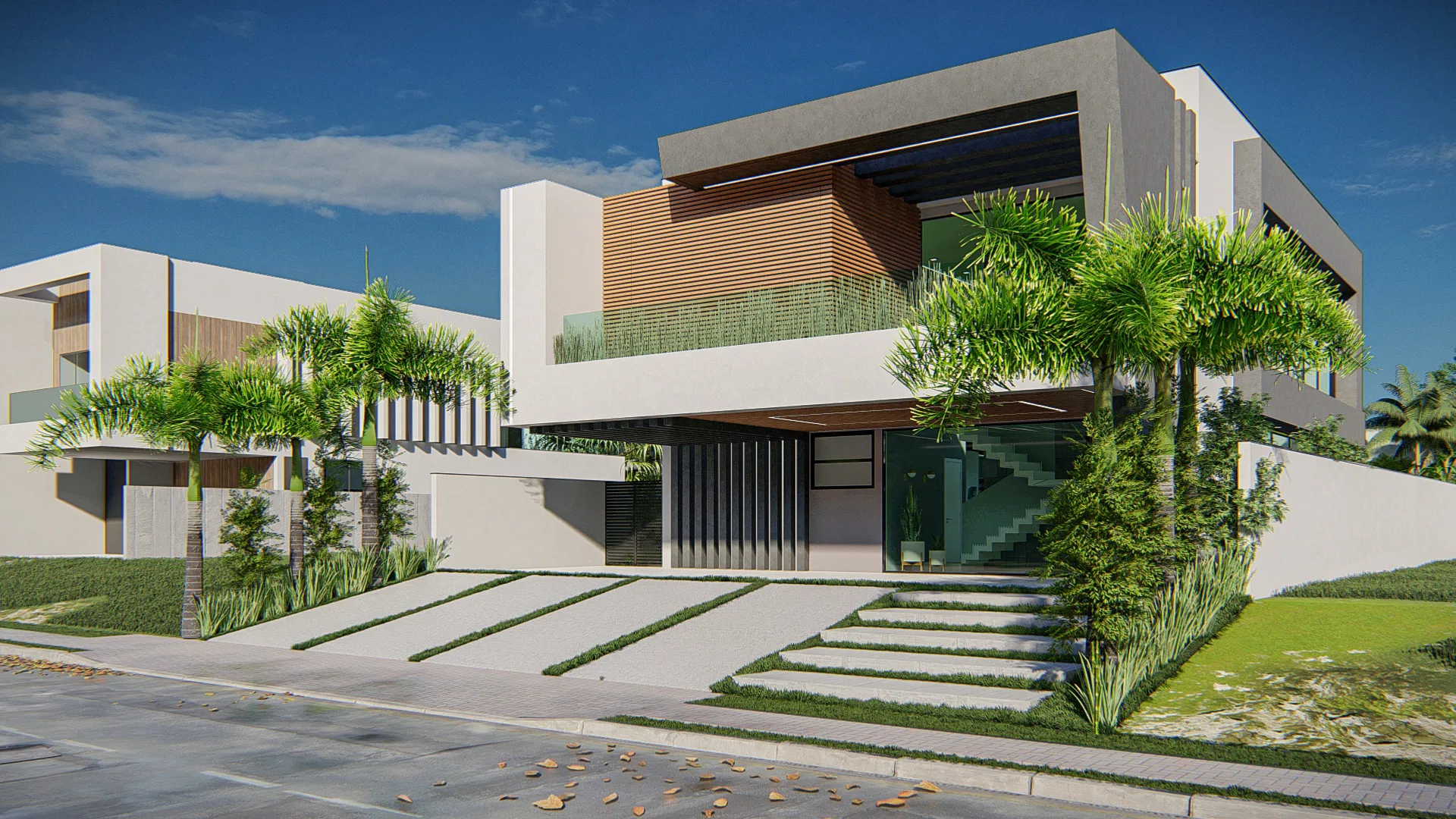 Angled view of the white-and-gray home with an internal staircase visible through the glass, palms at the sides and steps inset with grass