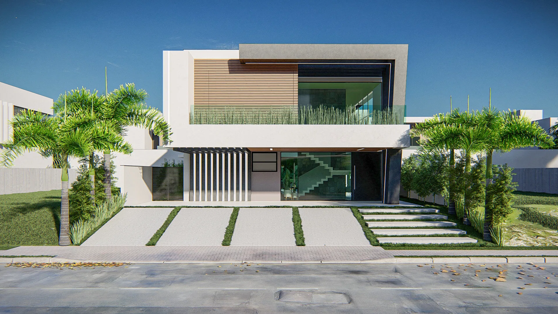 Front elevation of a contemporary two-story house, with a wood-slat volume, a glass entrance and palms flanking the approach
