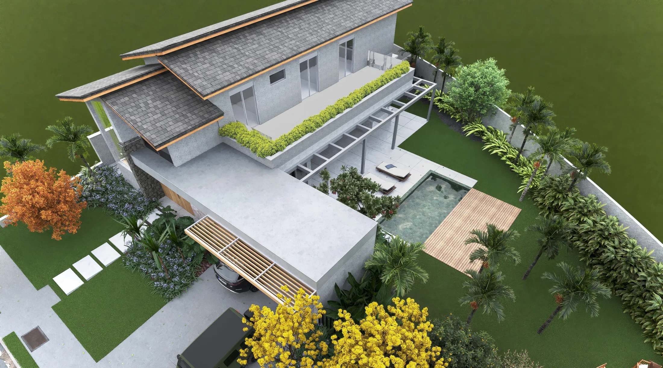Aerial view of the lot showing the pitched roof, pool with timber deck, a rooftop planting strip and palms spread across the lawn.