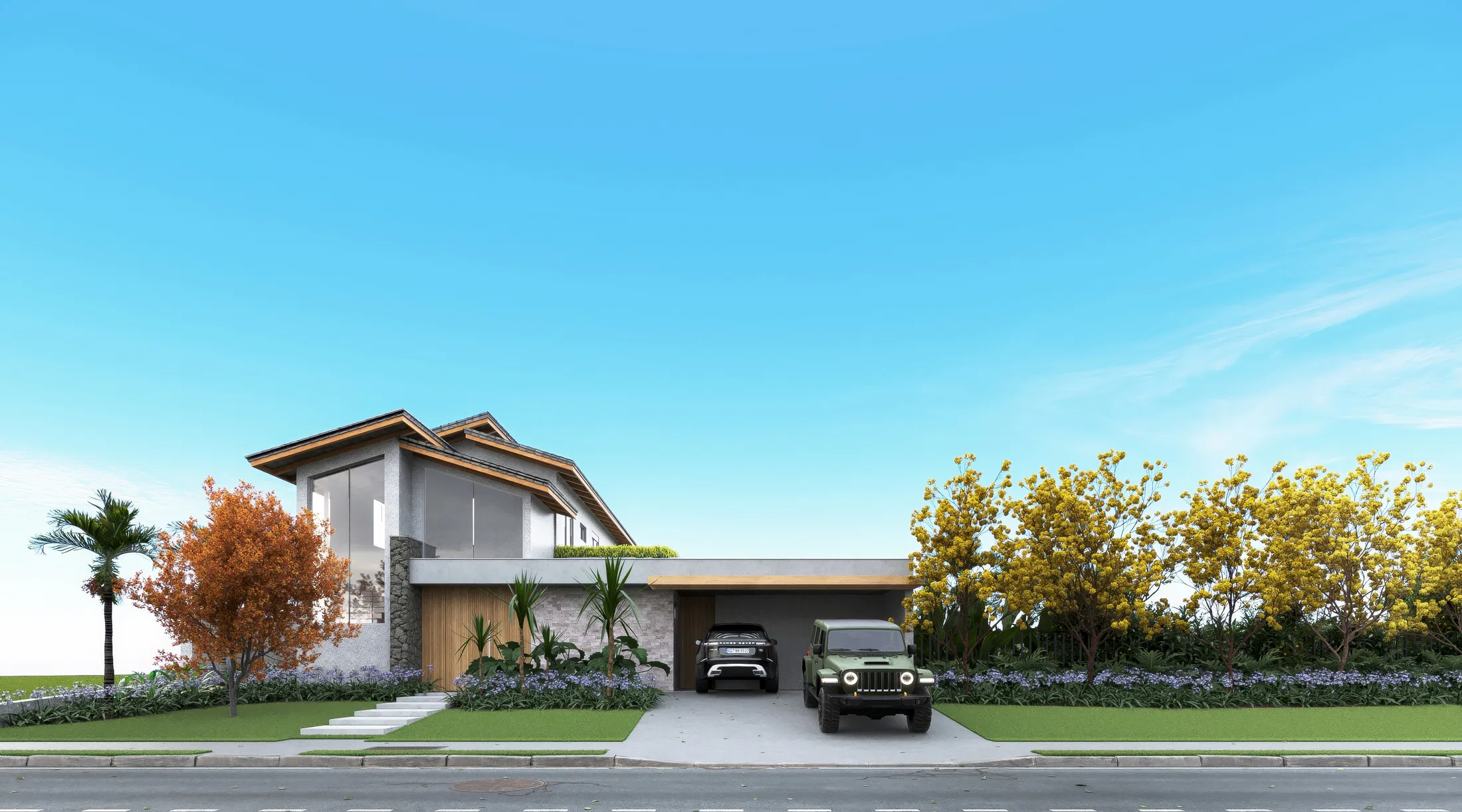 Street façade of a contemporary two-storey house with a pitched roof, covered carport and a front garden of palm and orange- and yellow-leaved trees.
