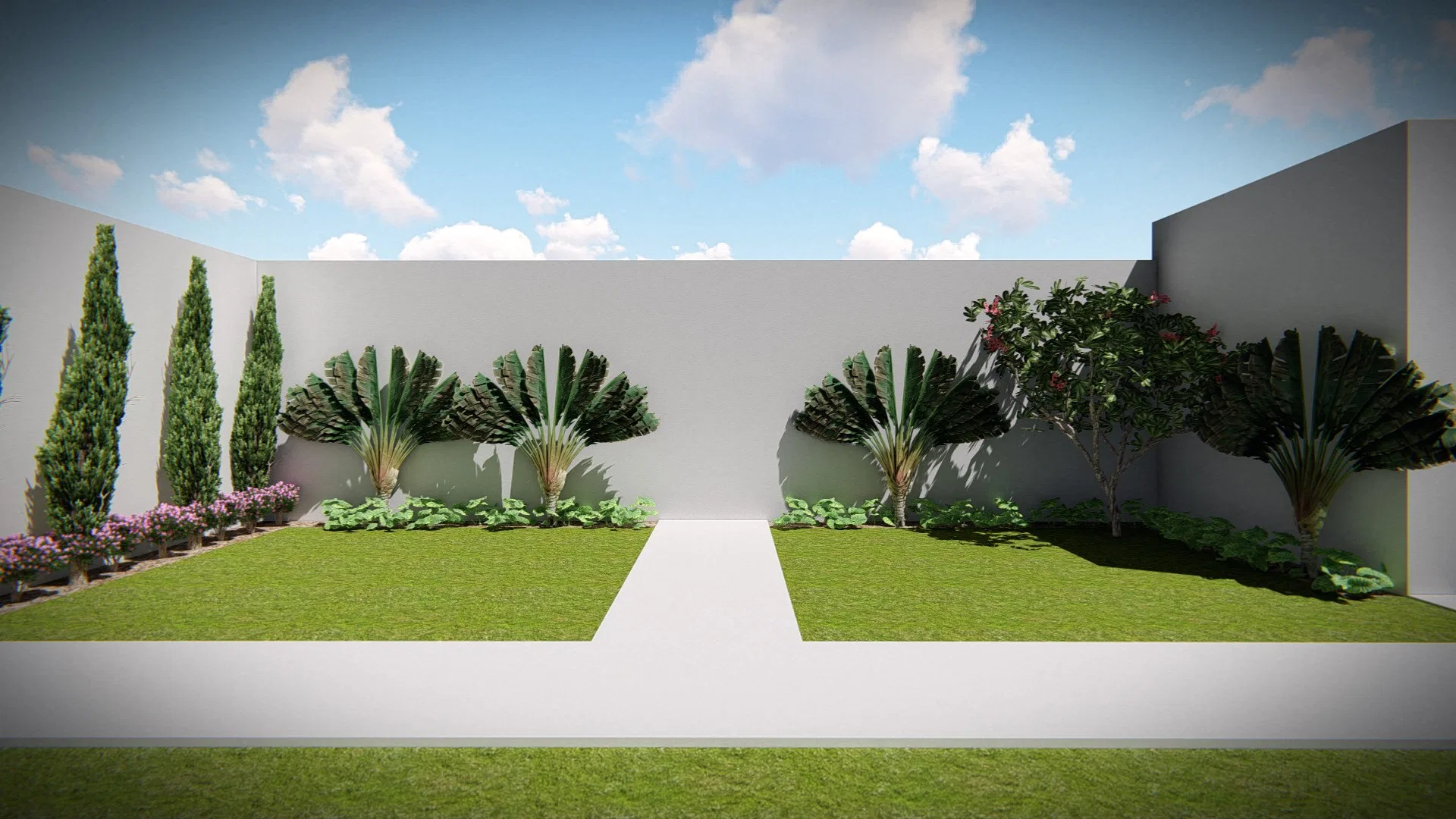 Walled garden with fan palms, columnar conifers and a red-flowering tree over lawn split by a pale central path.