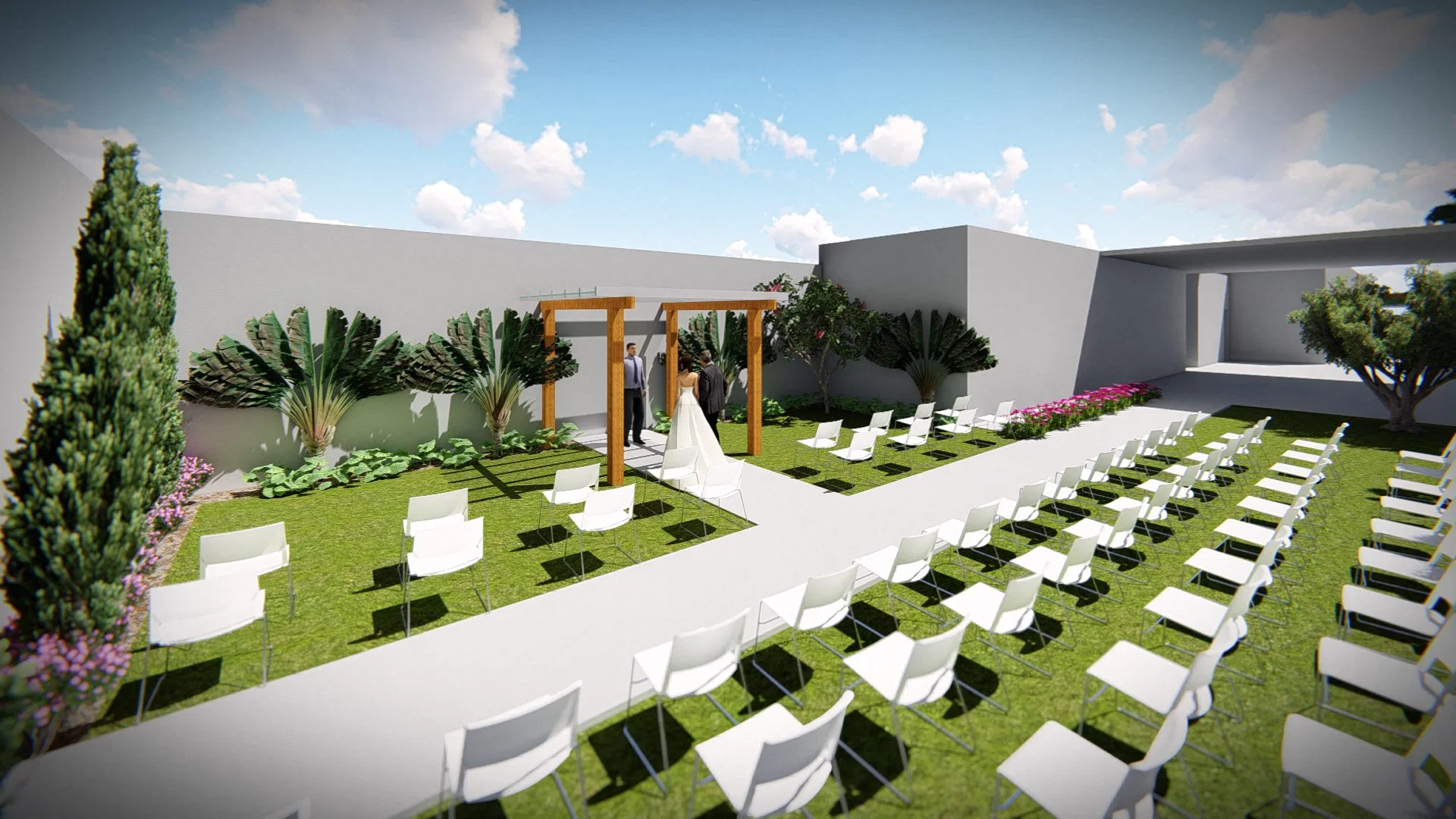 Wide view of the ceremony, white chairs in two banks on the lawn, a timber arch beyond and flowering beds along the walls.