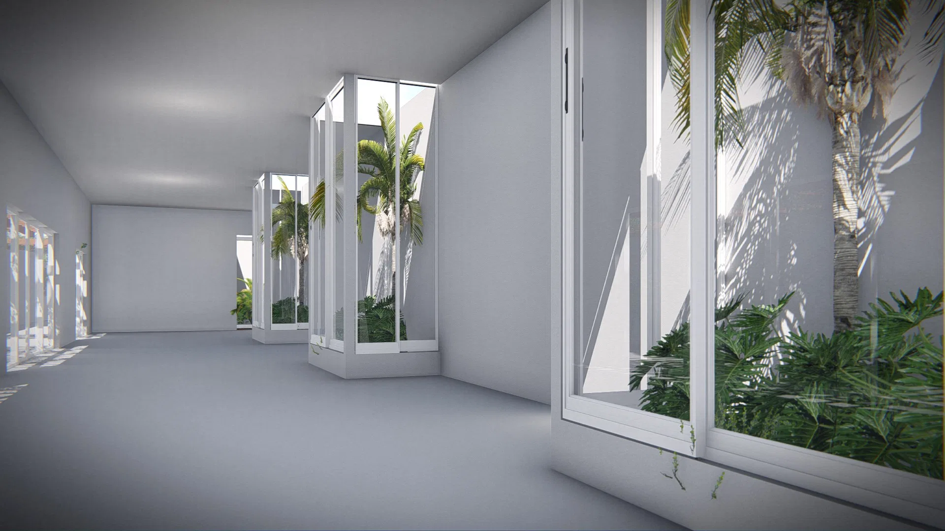 Bright white interior corridor with glass-boxed palm planters and large windows opening onto outdoor greenery.