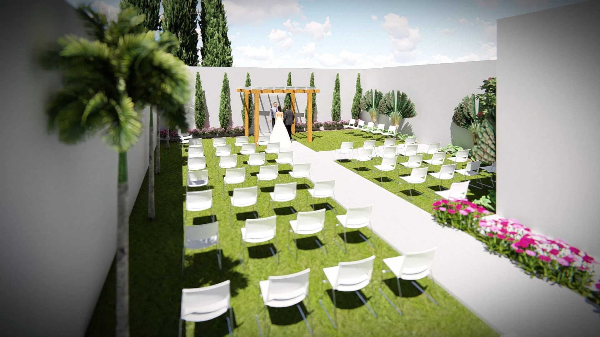 Open-air ceremony with rows of white chairs on the lawn facing a timber arch, between a palm and a bed of pink flowers.