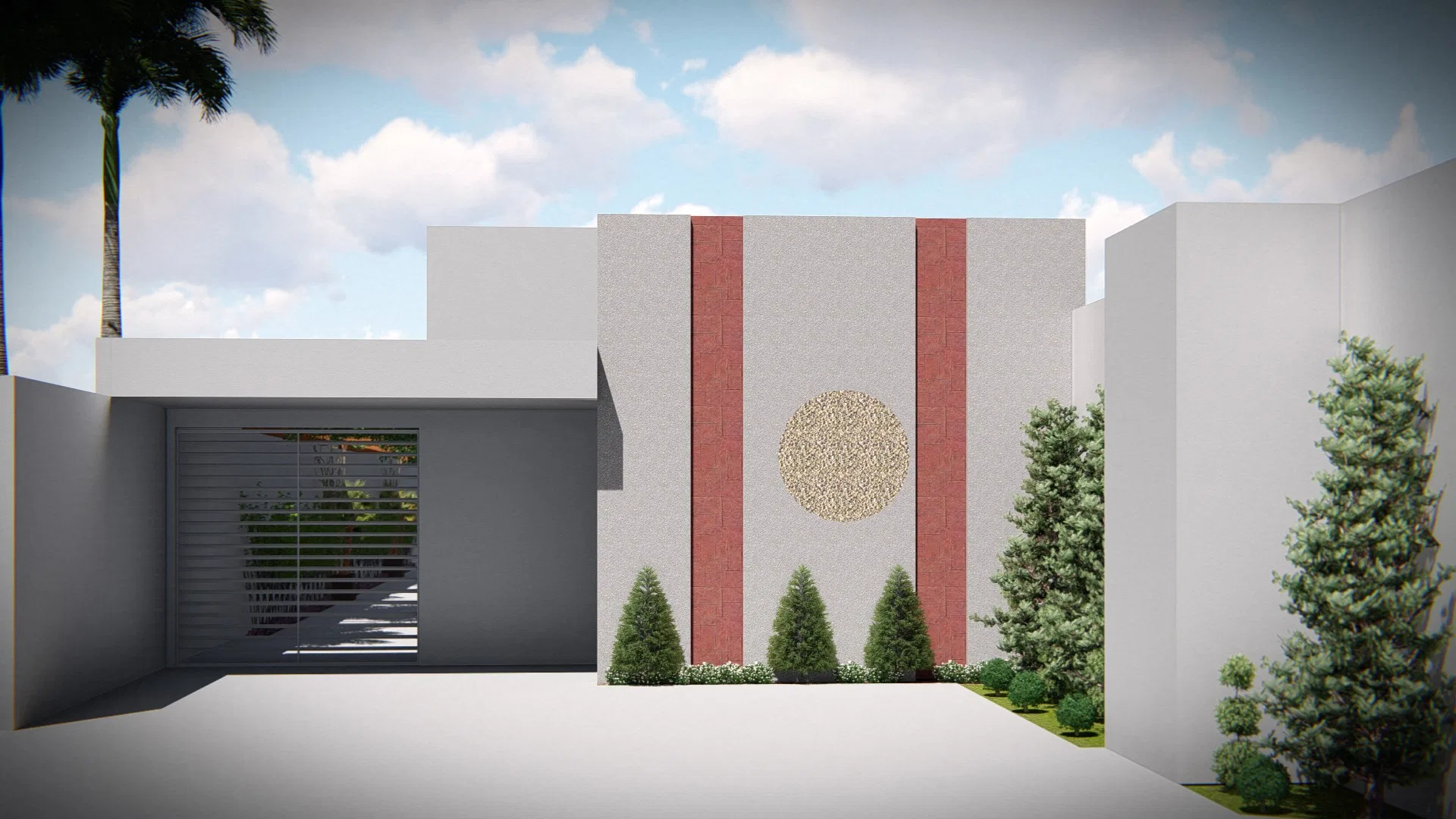 Event-hall facade with a textured panel, terracotta vertical bands and a round golden medallion, flanked by a palm and conical shrubs.