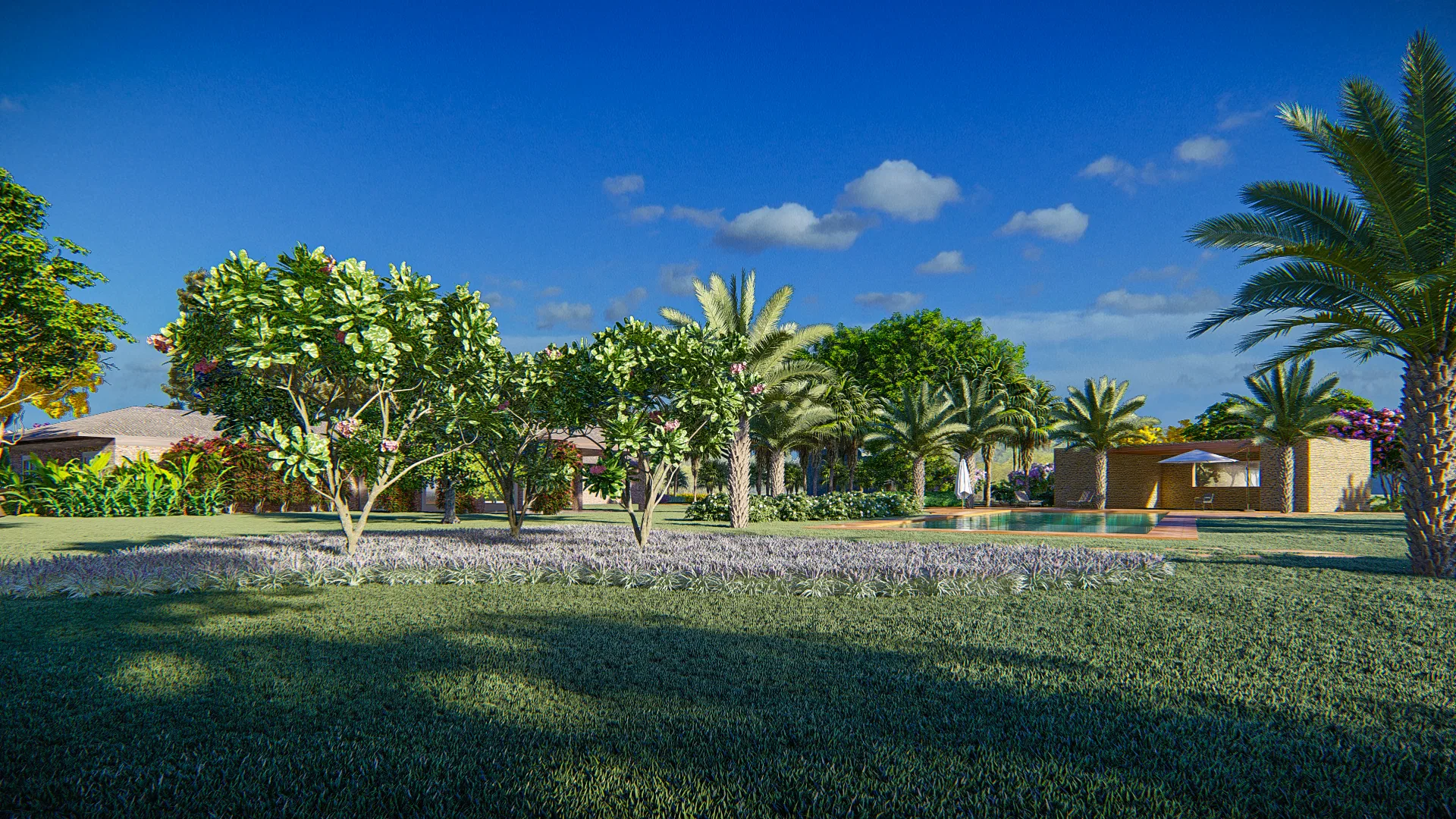 Wide daytime view with flowering trees in the foreground framing the pool and a support pavilion in the background