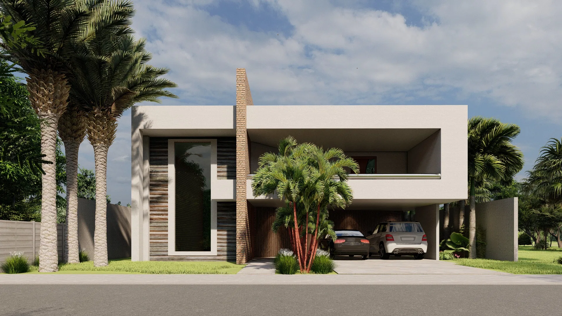 Modern house facade in concrete and wood slats, with a brick chimney, palm trees and two cars under the covered carport