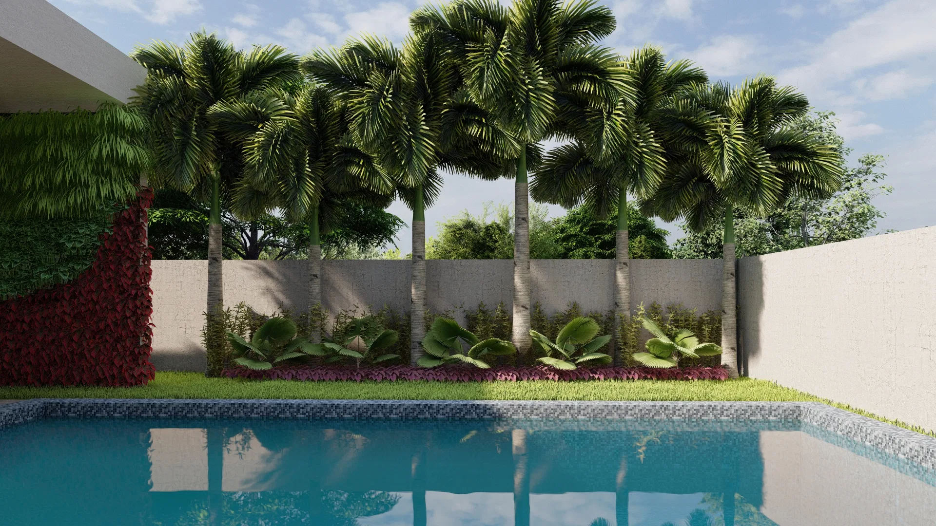 Row of tall palm trees along the wall, with tropical ground cover at the base and a mosaic-tiled pool edge