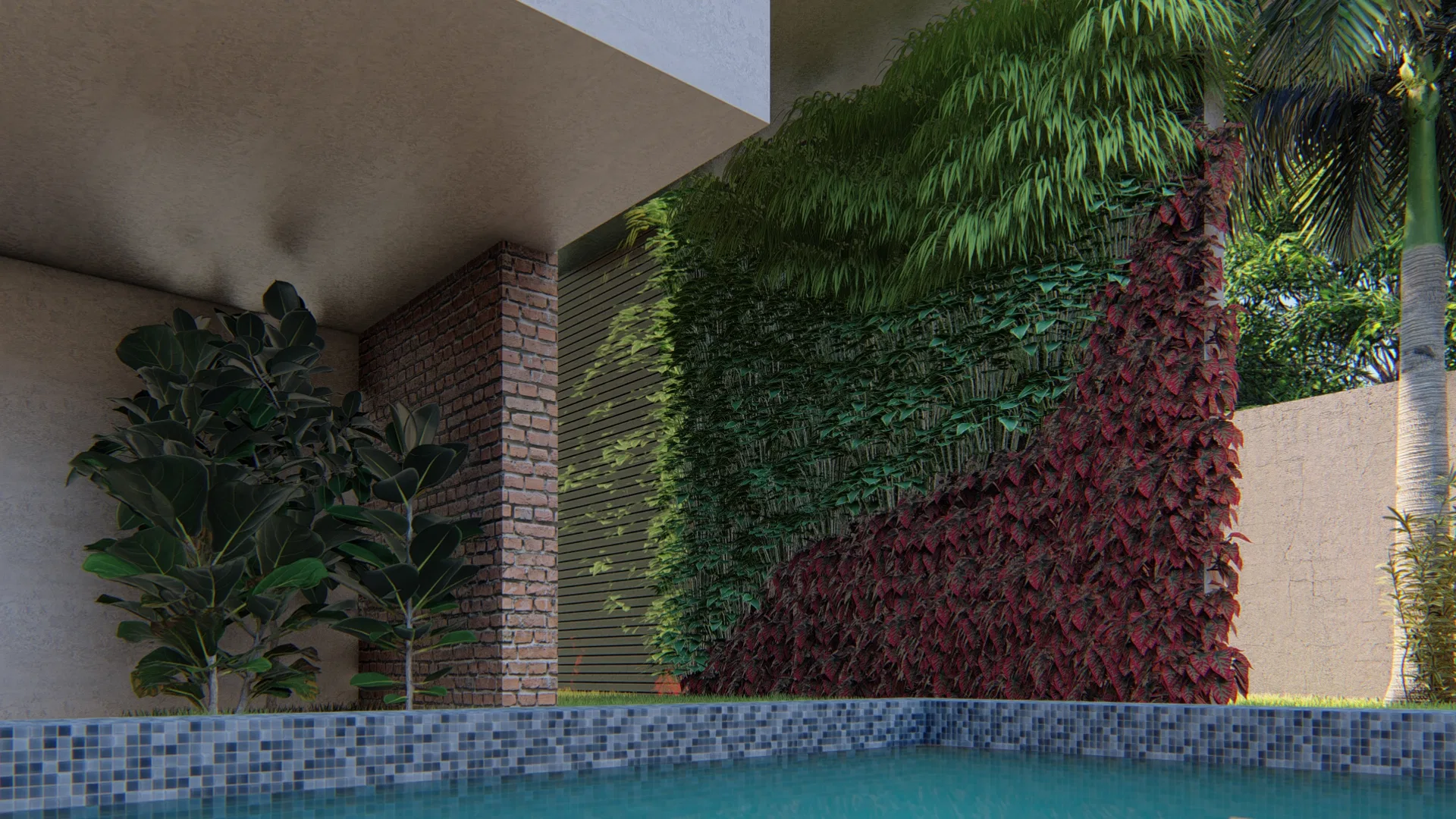 Covered corner by the pool with a living green wall, climbing red foliage and potted plants