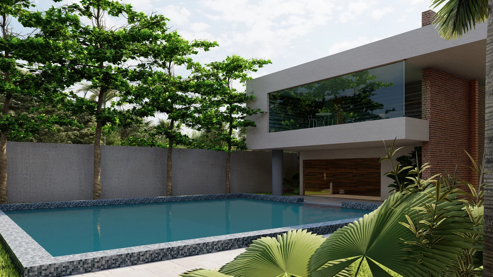 Backyard pool with a two-story house behind it, a glazed balcony and surrounding trees