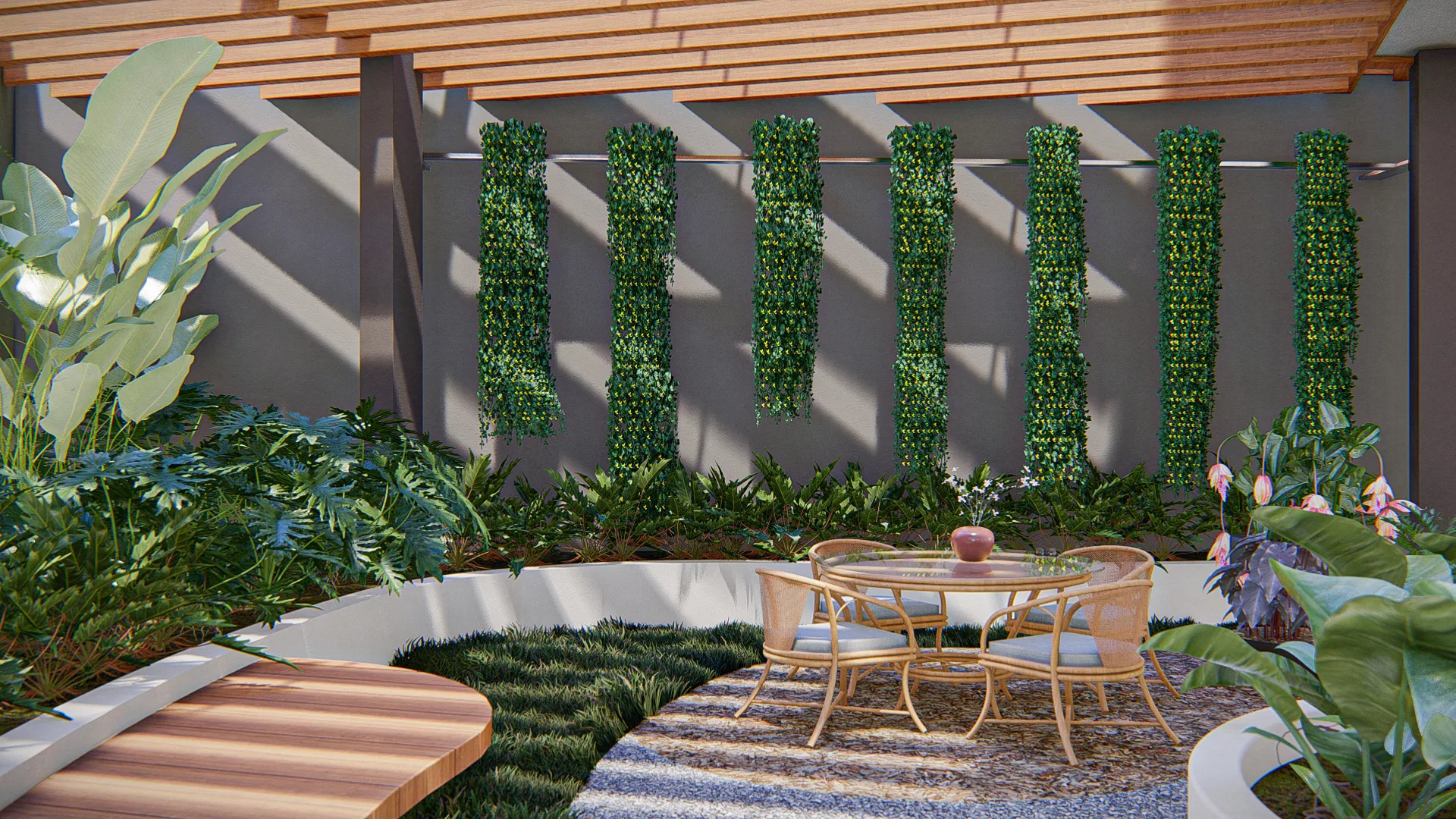 Hanging vertical-garden columns with climbing plants against a gray wall, a round wicker table and a floor of grass-and-gravel strips