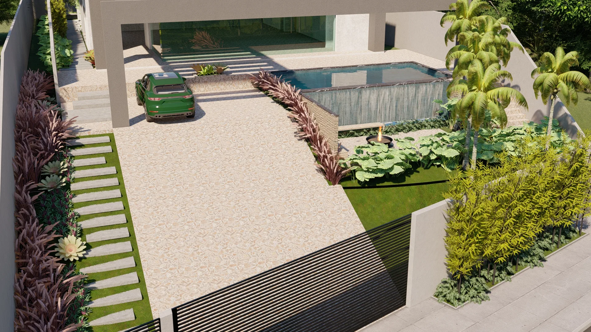 Aerial view of the backyard with a mirror-finish pool, a stone cascade, a planted garden and a permeable-paved driveway