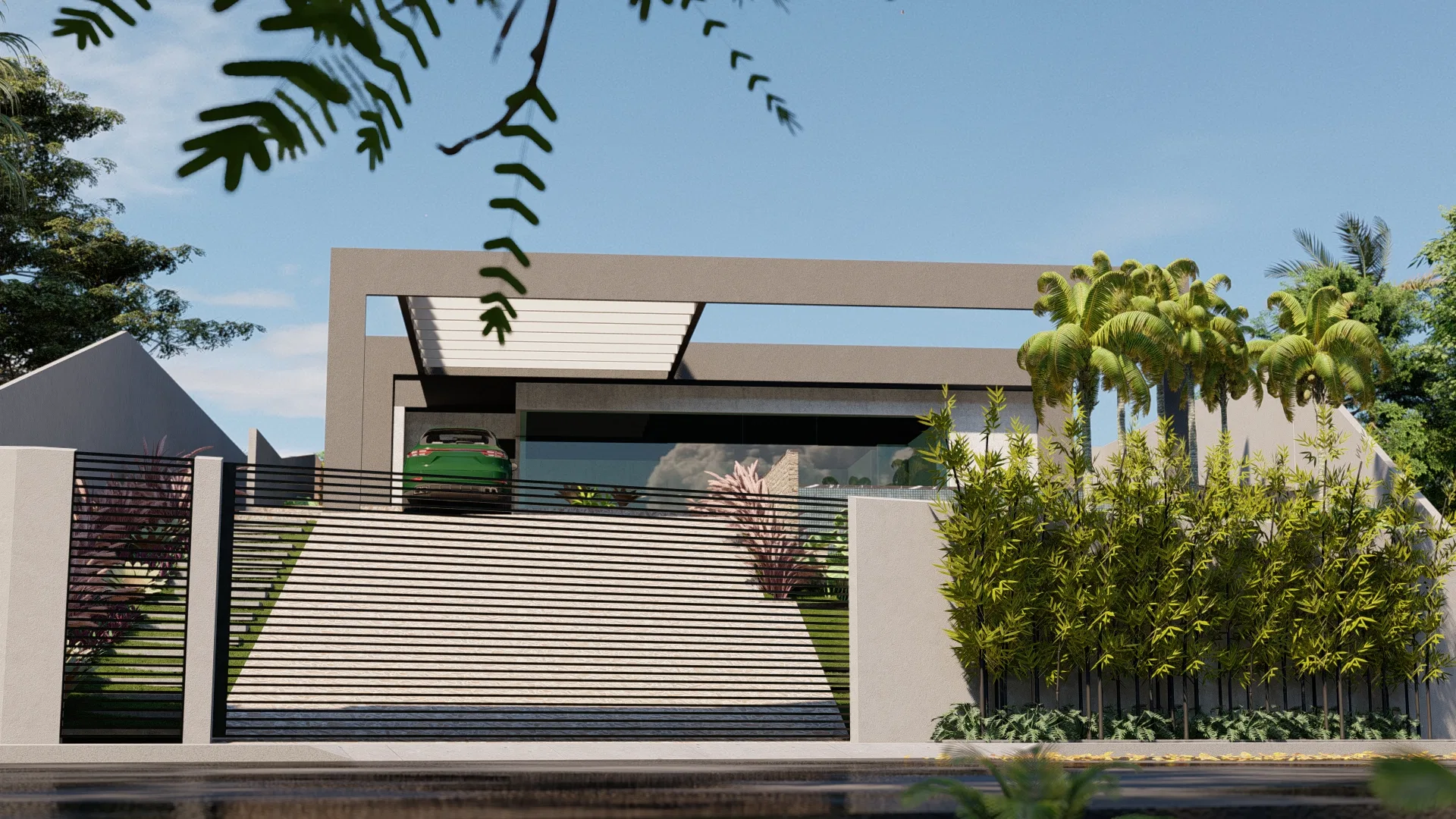 Single-story house facade with a horizontal slatted wall, an entry portal and a row of bamboo and palms by the gate
