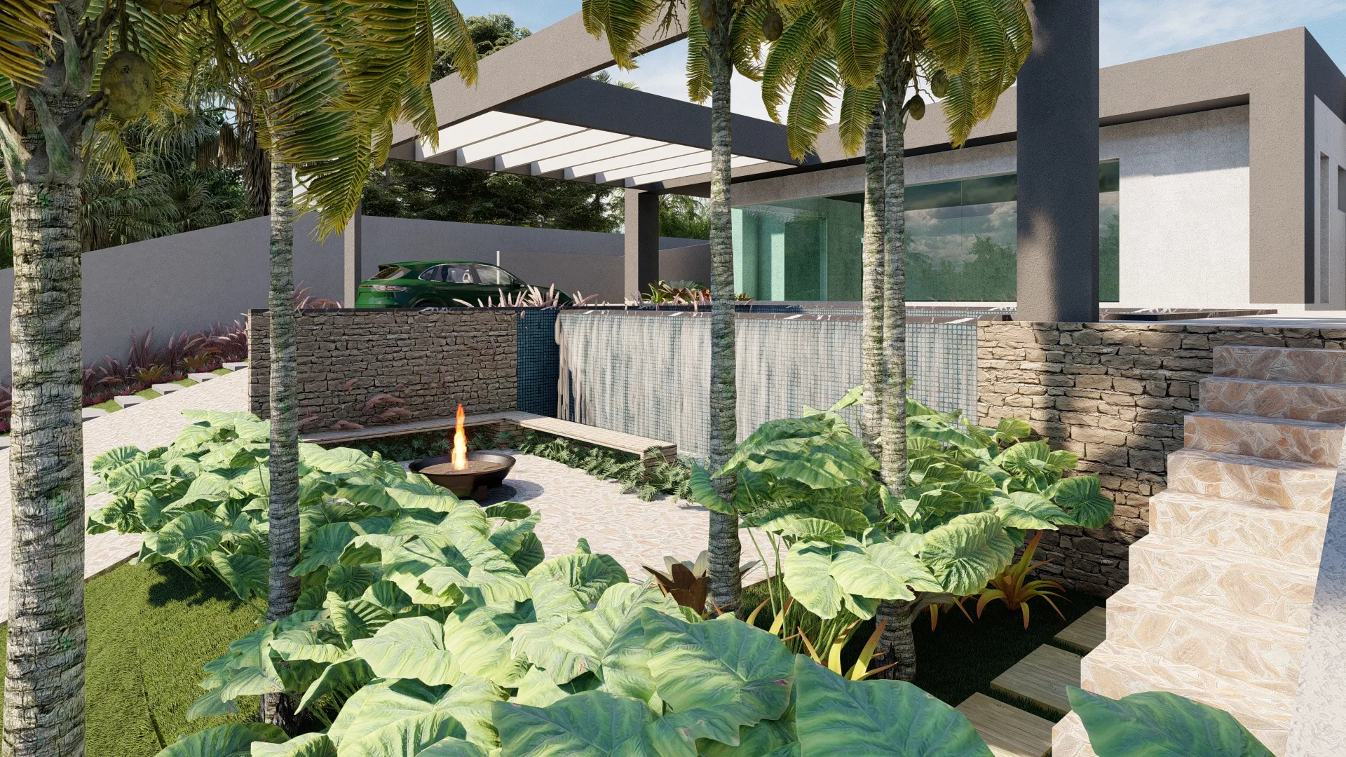 Outdoor lounge area under a pergola, with a stone fire bowl, a water panel and large-leaf planting beds among palm trees