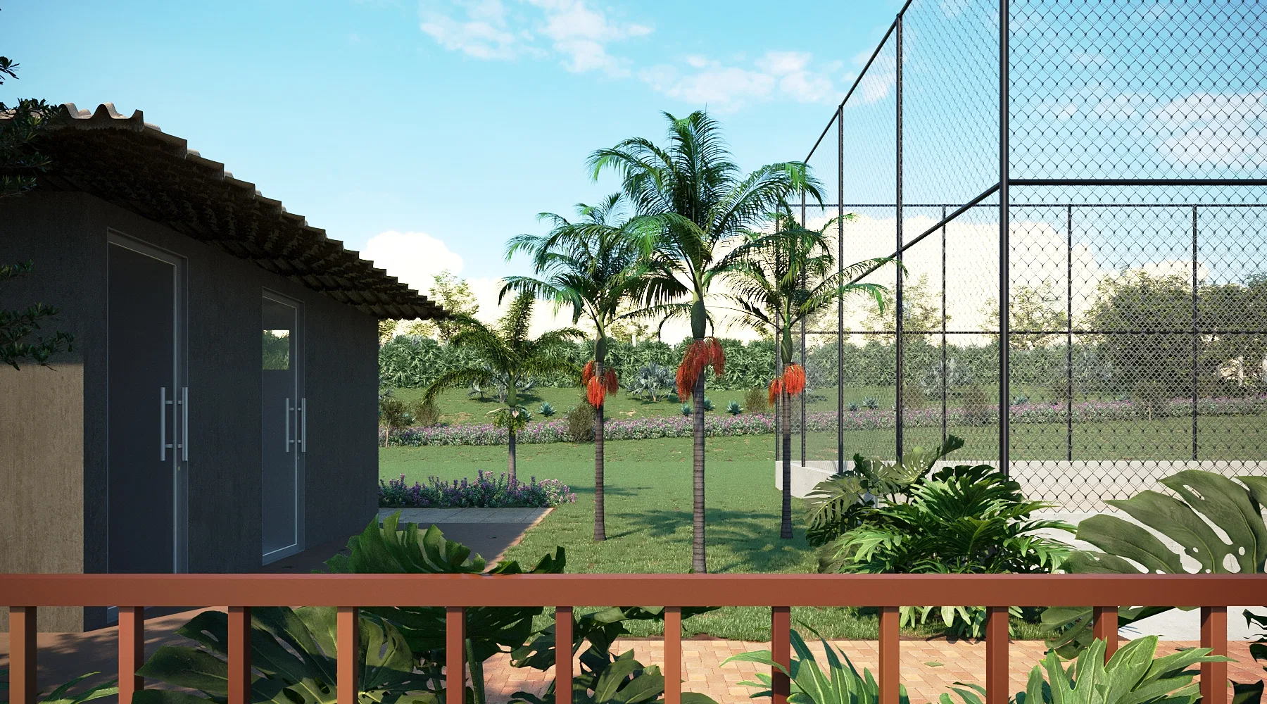 Flowering palms and a colourful border before the court fence, framed by the deck's timber railing and foliage.