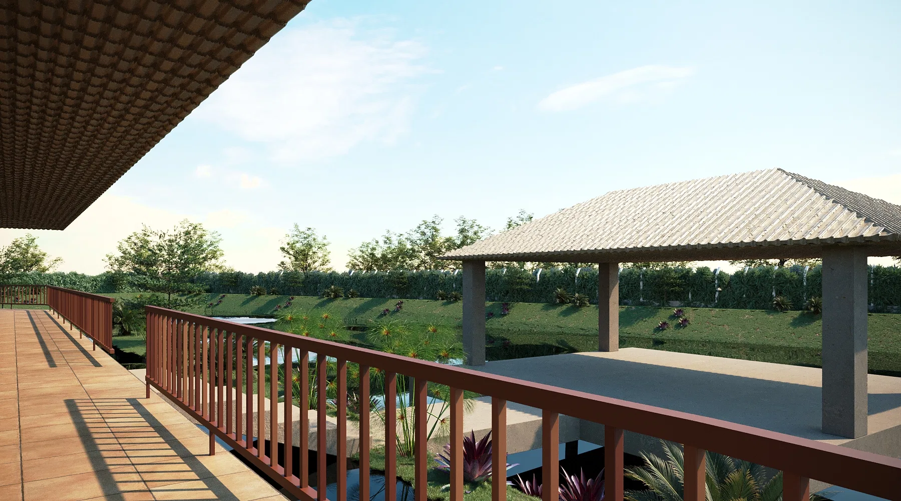 View from a covered terrace with a balustrade over the gardens, a tile-roofed gazebo and the orchard rows behind.