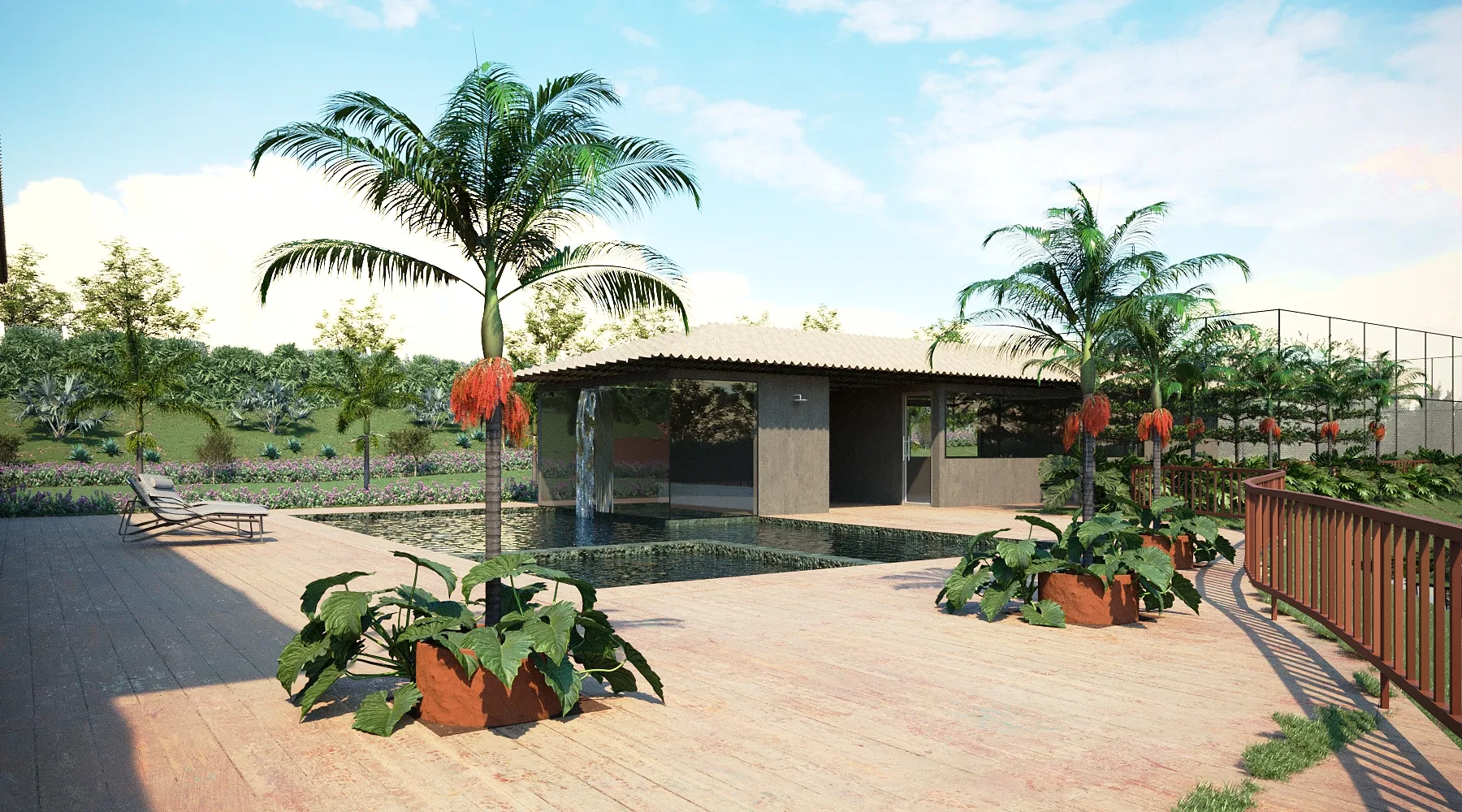A reflecting pool with a timber deck and a pavilion of tile roof and dark glass, flowering palms and pots of broad-leaved plants.