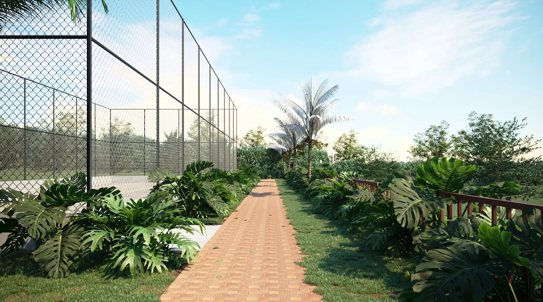 A brick path between the court fence and a mass of split-leaf foliage, a palm ahead and a timber railing to the side.