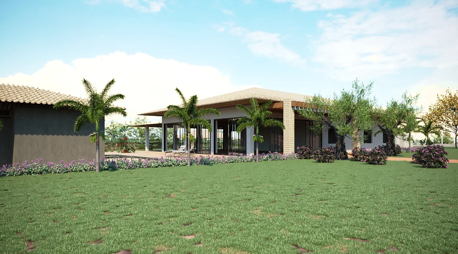 The main house with a pergola veranda, ringed by palms, an olive tree and flowering beds over a wide lawn.
