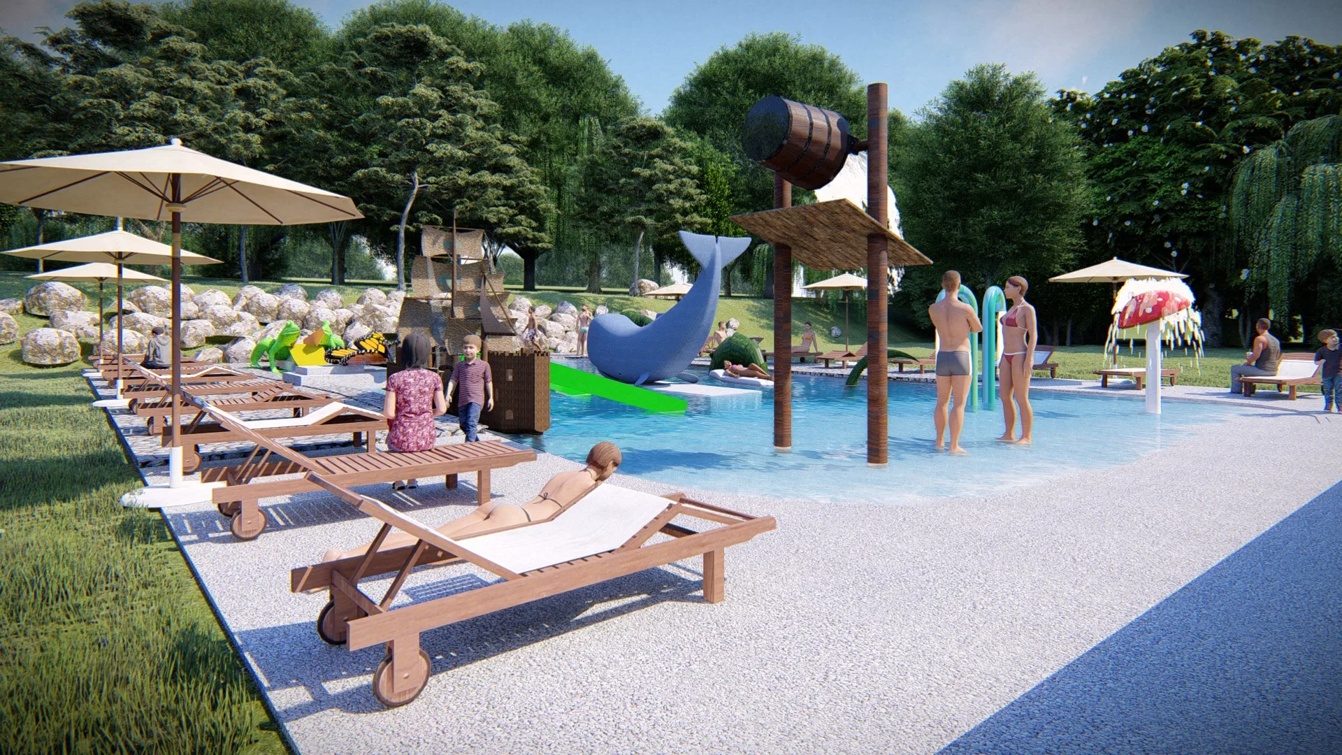 Side view of the pool with wooden deck chairs in the foreground, umbrellas and a slide in the background