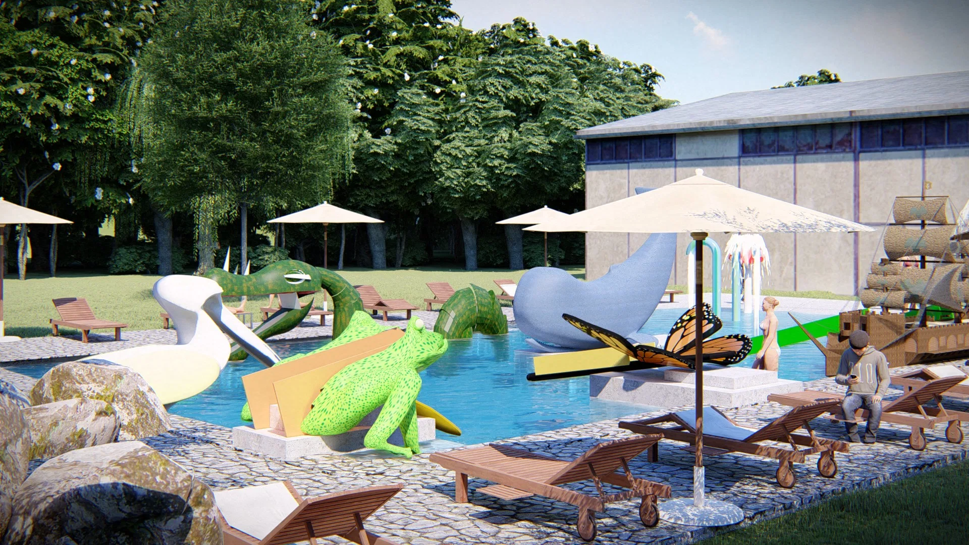 Stone-edged pool with a green frog sculpture, a slide and a building in the background among trees