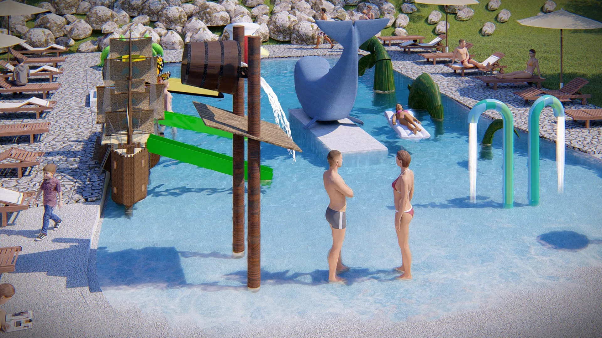 Detail of the pool with a whale sculpture at the center, colorful rings at the edge and two people talking in the water