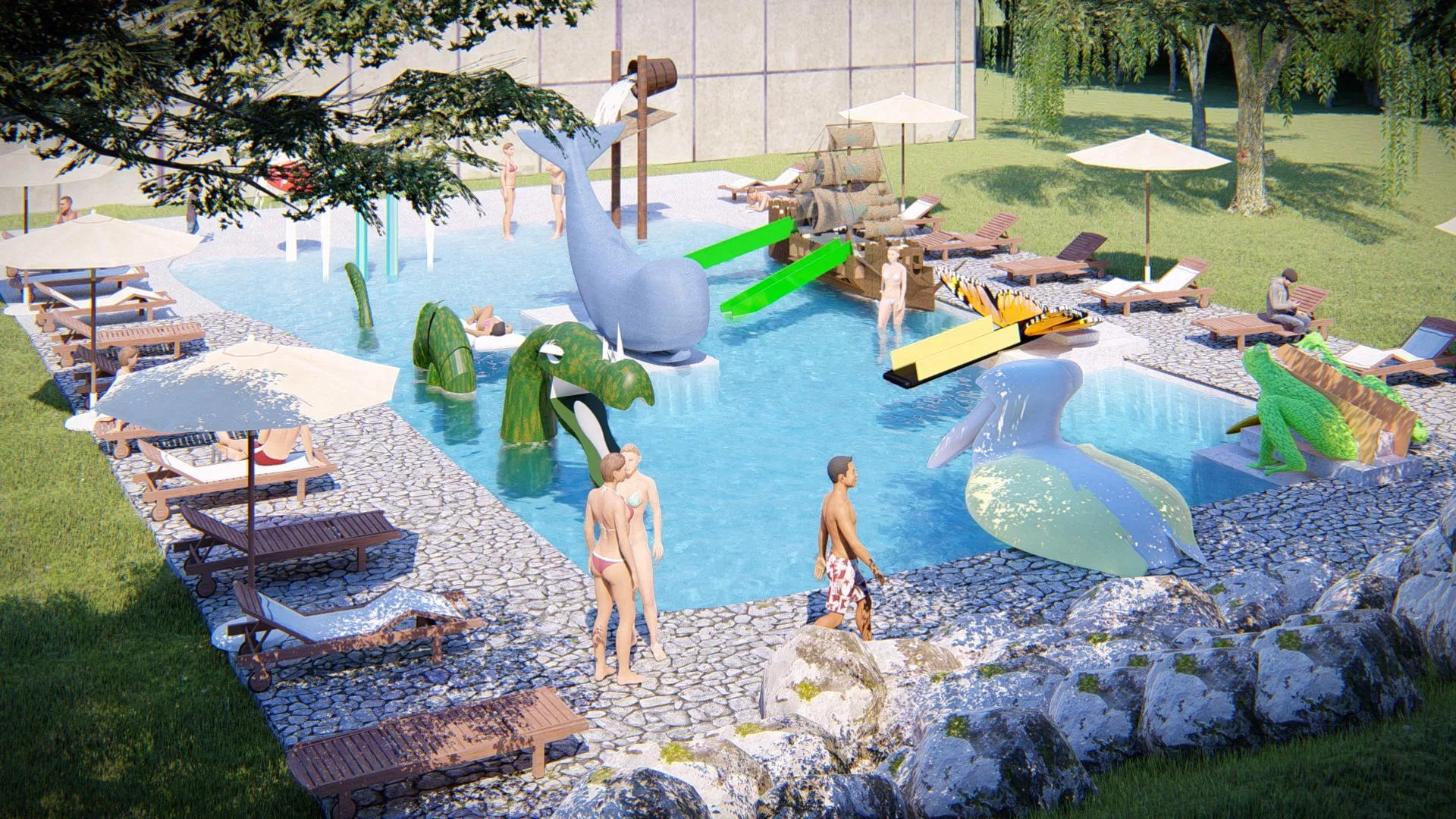 Elevated view of the pool with whale and snake sculptures, colorful slides and a couple standing in the water