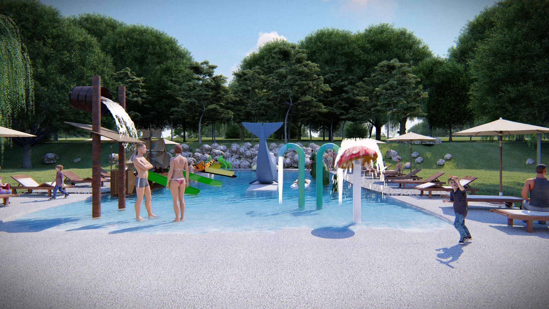 Themed pool with a whale sculpture, a green slide and people standing in the water surrounded by trees and deck chairs