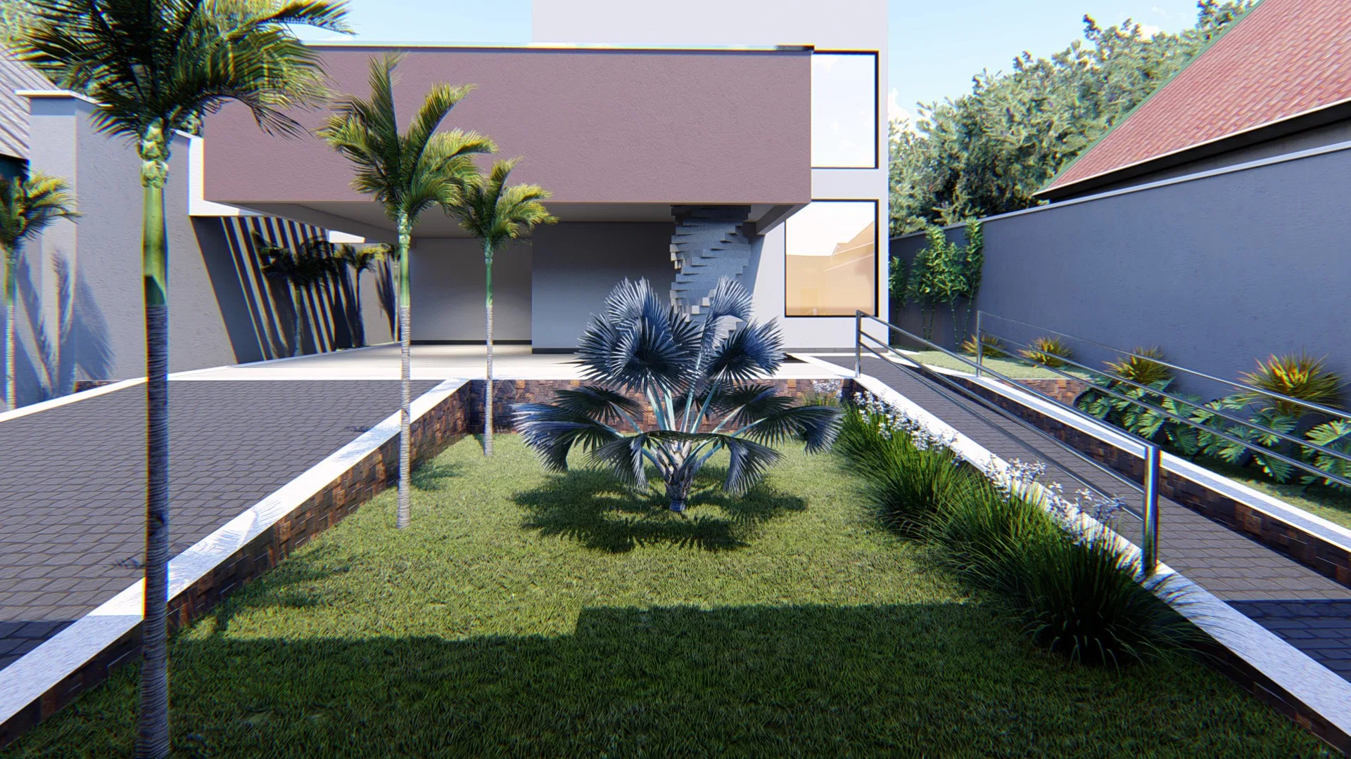 Front garden with three tall palm trees framing the terracotta-toned facade, an ornamental palm centered on the lawn between the ramp and the driveway