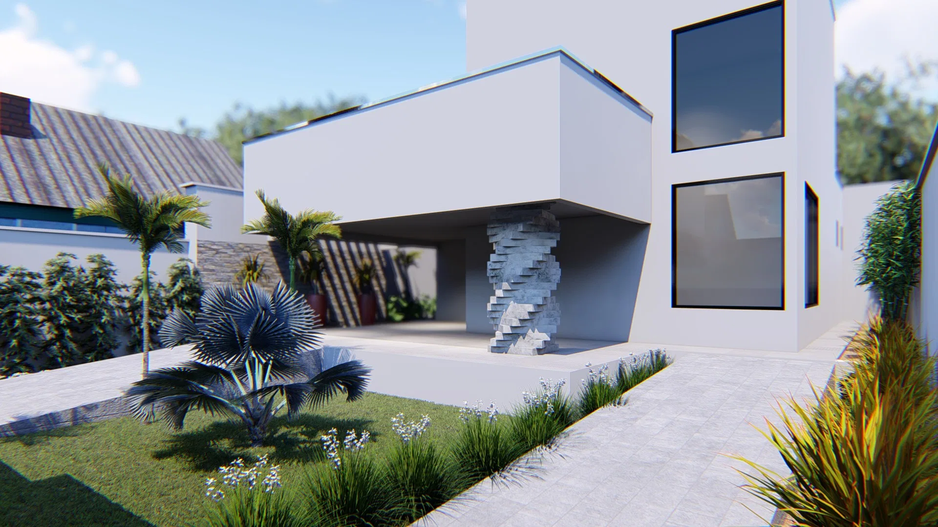 Front facade with a cantilevered upper volume over a twisted column, large windows, a palm garden and an access path in the foreground