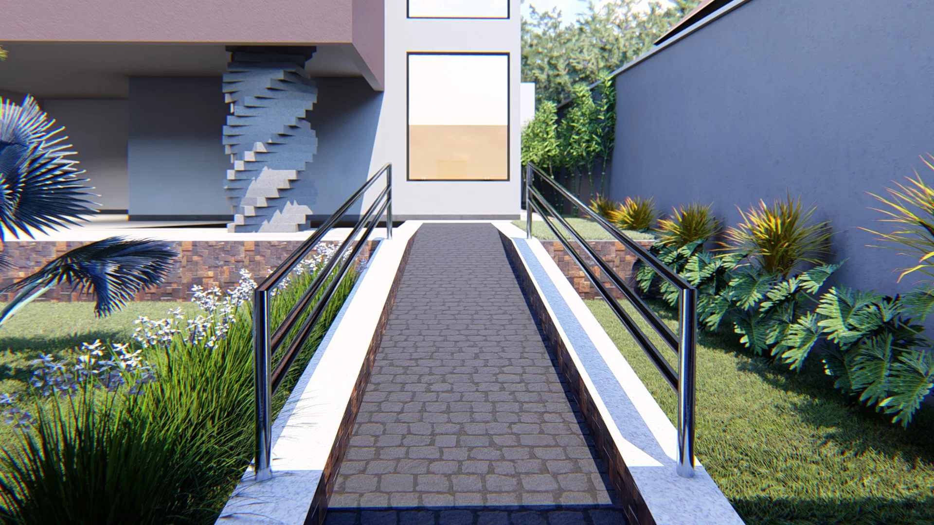 Access ramp with interlocking pavers and metal handrails leading to the house, a twisted sculptural column in the background between garden beds