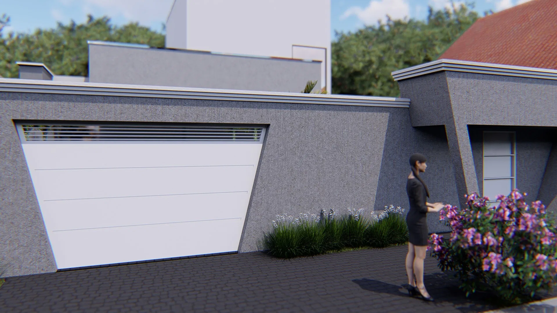 Angled grey garage facade with a white sectional door, a female figure beside a flowering shrub and neighboring rooftops in the background