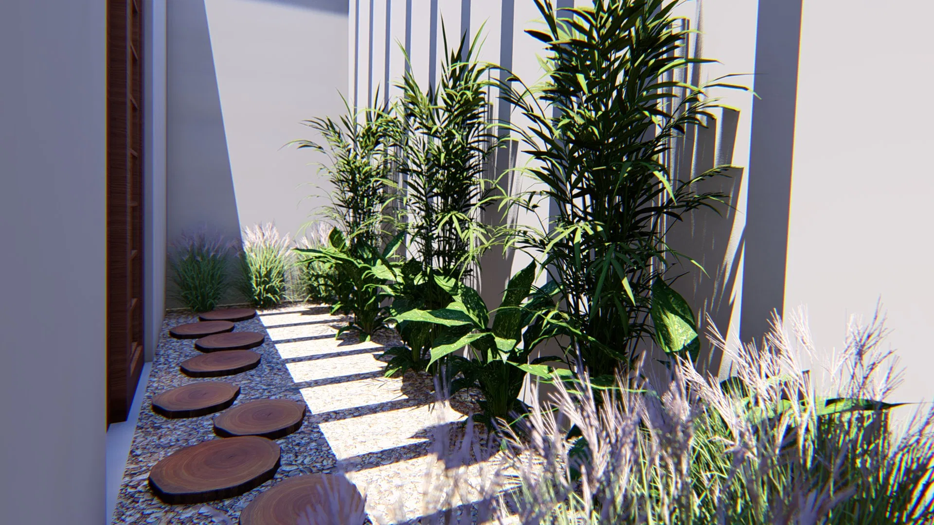 Narrow side passage between walls with dense tropical foliage and a path of wood-slice steppers over gravel lit by side light