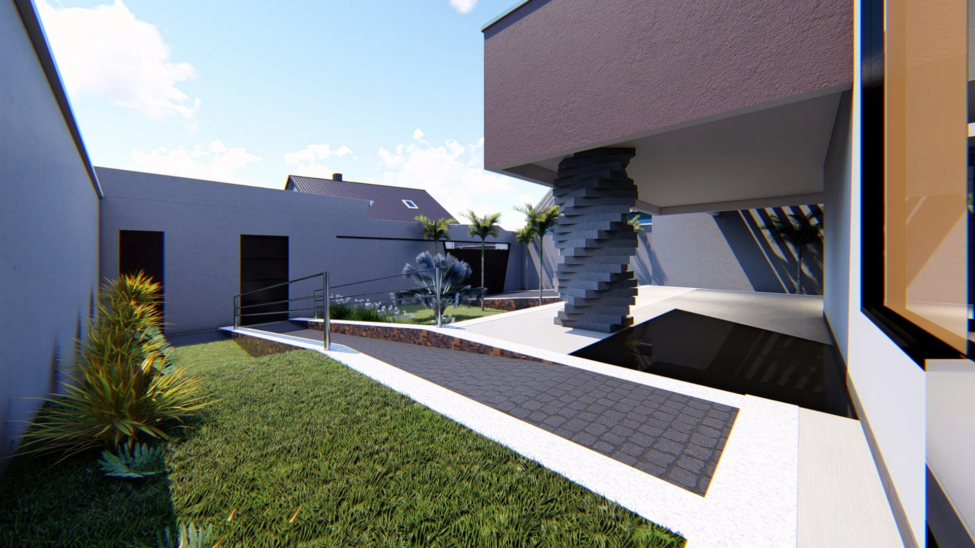 Inner courtyard with the twisted sculptural column above a dark reflecting pool, light stone flooring and a side access with handrail toward the garage