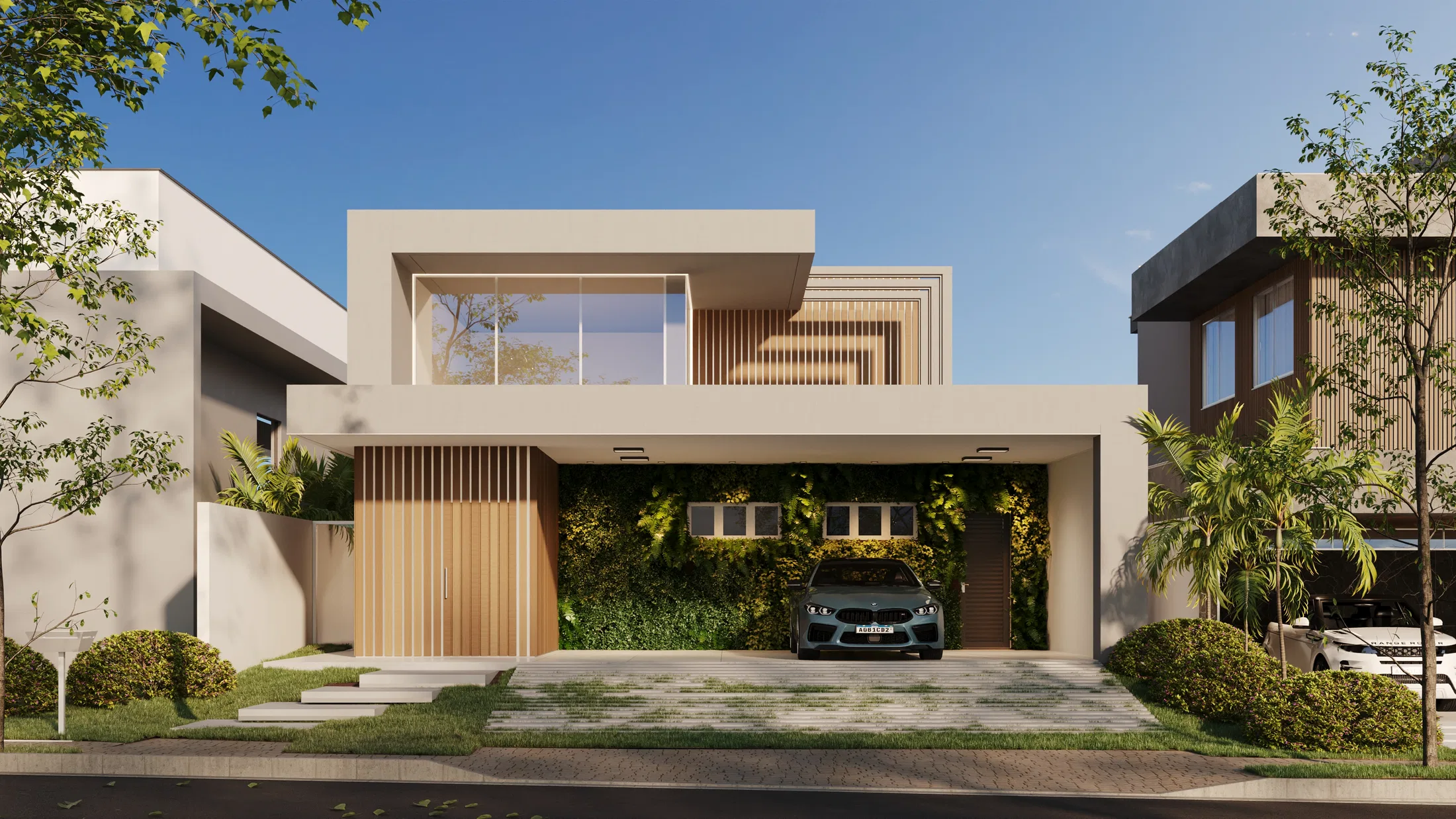 Residential facade seen from a slightly different angle, highlighting vertical wood slats and a wavy-stripe cutout beside the upper balcony