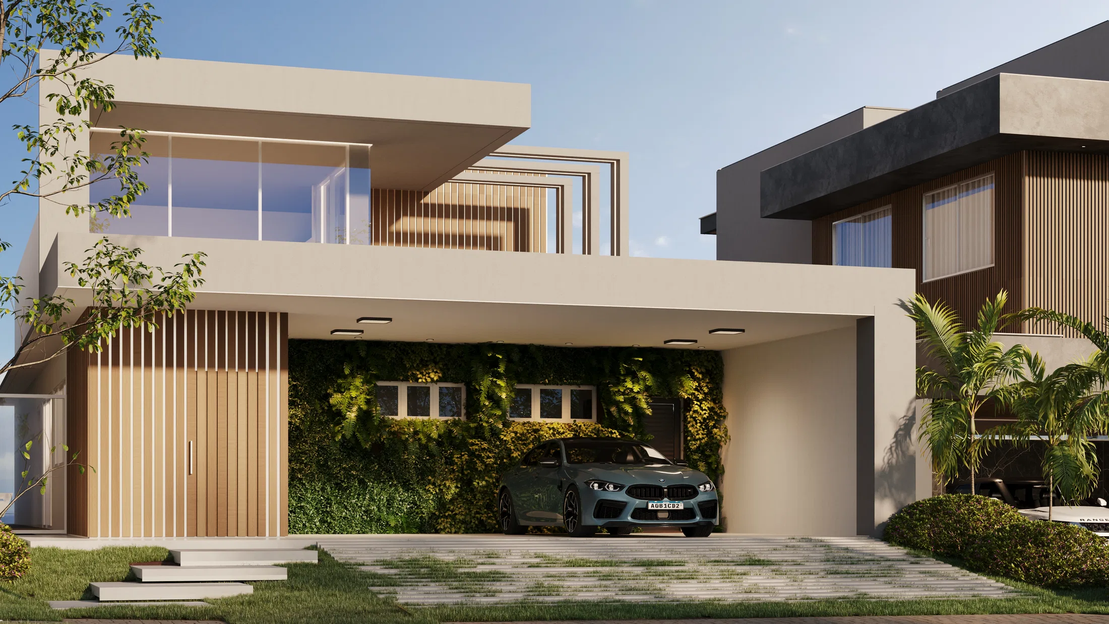 Residential facade seen from a tighter angle, with palm trees to the right and a neighboring dark-facade building in the background