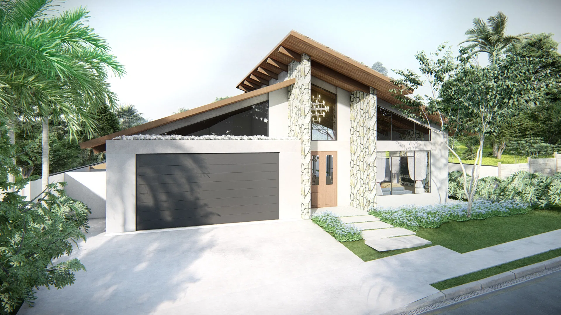 Visualização arquitetônica do projeto Casa Térrea com Telhado em Duas Águas, Varanda em Pedra Portuguesa e Piscina — GRON 3D