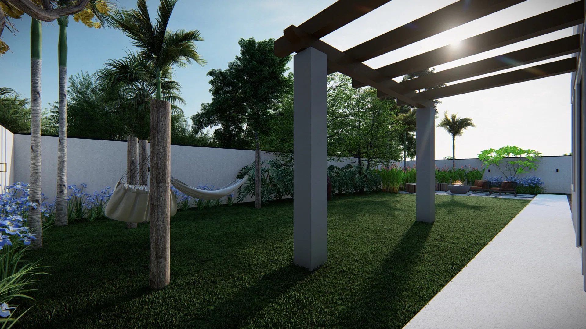 Visualização arquitetônica do projeto Casa Térrea com Telhado em Duas Águas, Varanda em Pedra Portuguesa e Piscina — GRON 3D