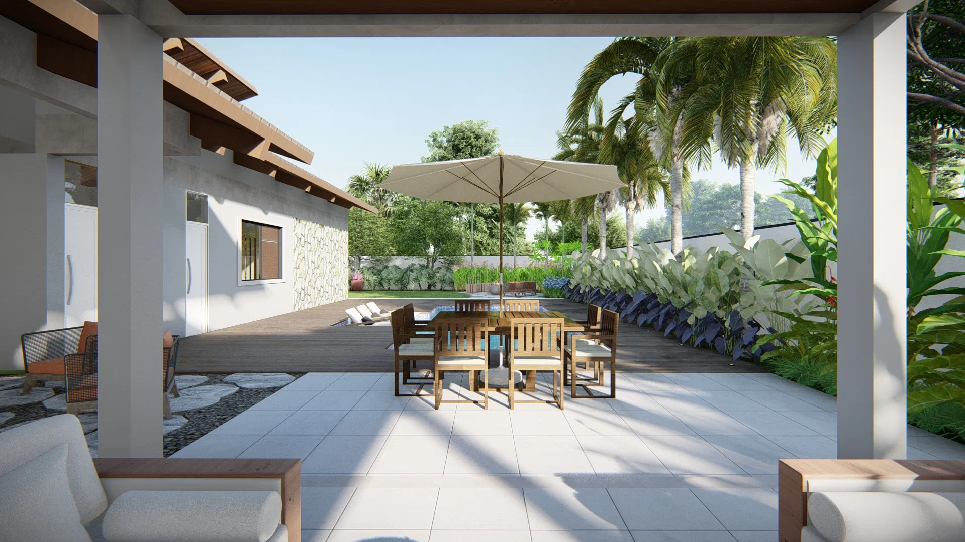 Visualização arquitetônica do projeto Casa Térrea com Telhado em Duas Águas, Varanda em Pedra Portuguesa e Piscina — GRON 3D